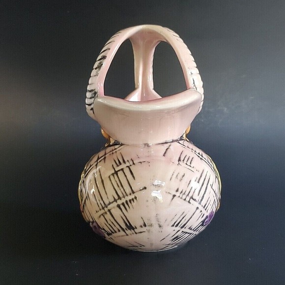 Hull Blossom Flight Pink Pottery Pitcher Basket Weave Pattern Ram's Horn Handle - Picture 6 of 9